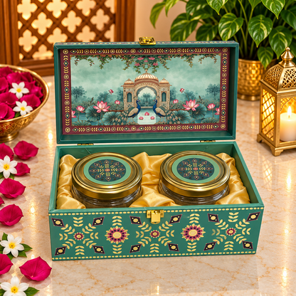 Kenzio royal emerald green and burgundy peacock lotus Scodix printed 2 jar dry fruit gift box open view