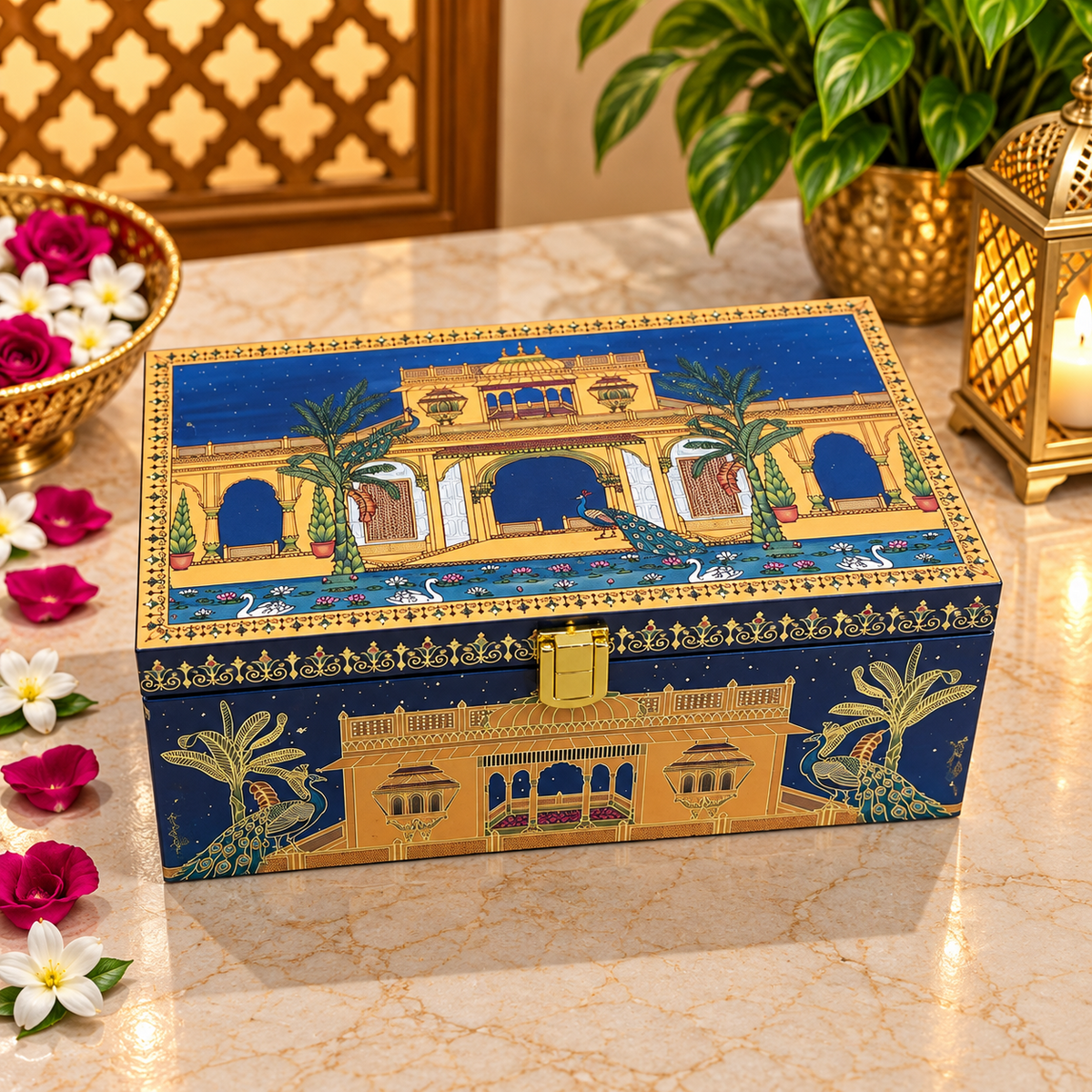 Kenzio royal navy blue and antique gold palace peacock Scodix printed 2 jar dry fruit gift box closed view