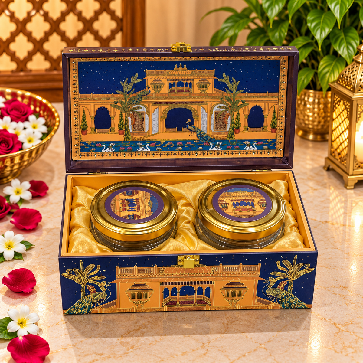 Kenzio royal navy blue and antique gold palace peacock Scodix printed 2 jar dry fruit gift box open view