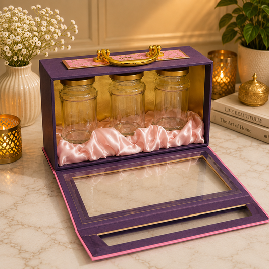 Kenzio royal purple and blush pink Scodix printed MDF gift box with three 300 ml jars - open view
