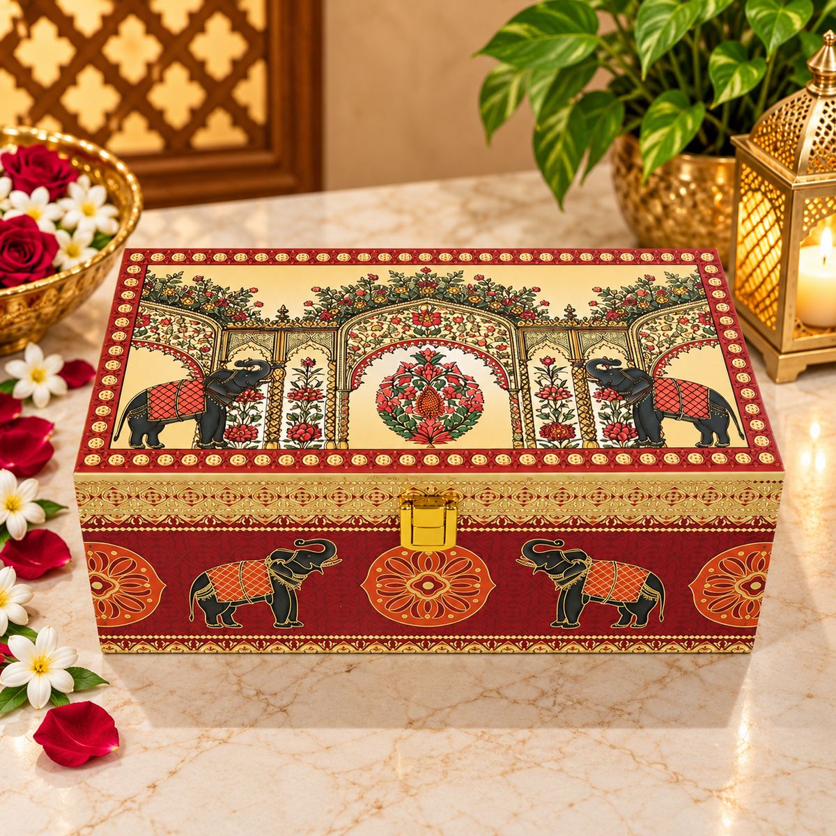 Kenzio royal red and ivory elephant heritage Scodix printed 2 jar dry fruit gift box closed view