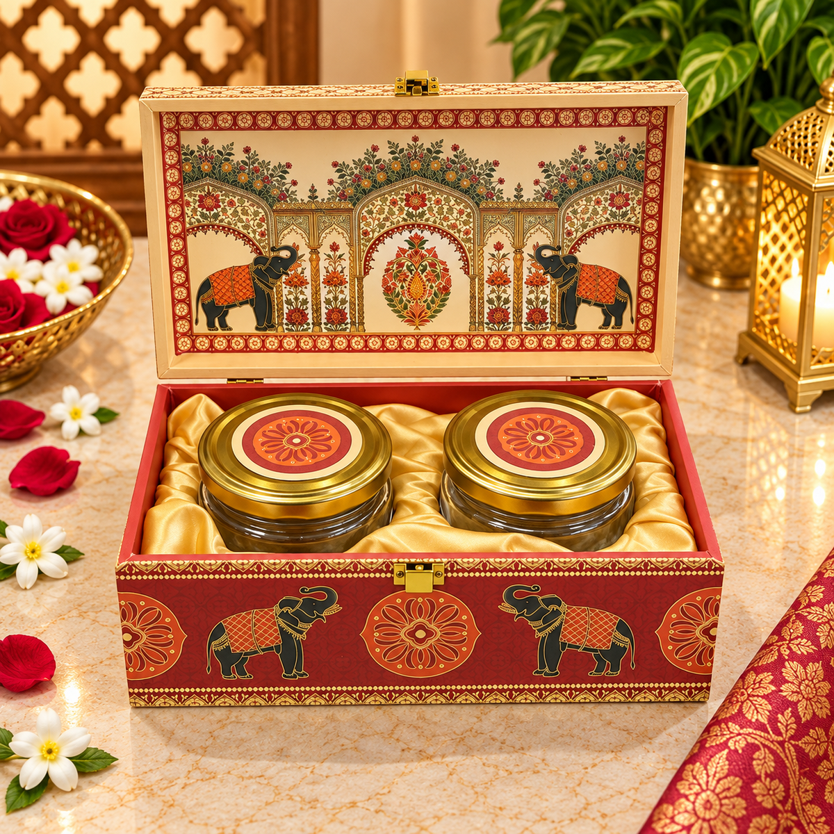Kenzio royal red and ivory elephant heritage Scodix printed 2 jar dry fruit gift box open view