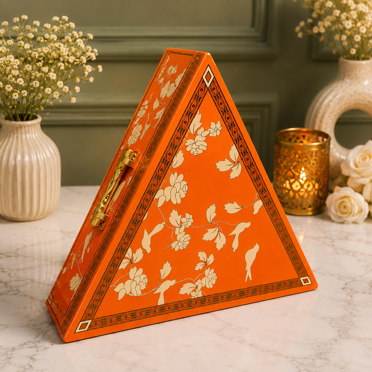 Kenzio saffron orange and gold triangular Scodix printed MDF dry fruit gift box with three jars - closed view