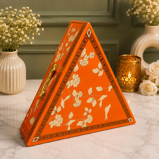 Kenzio saffron orange and gold triangular Scodix printed MDF dry fruit gift box with three jars - closed view