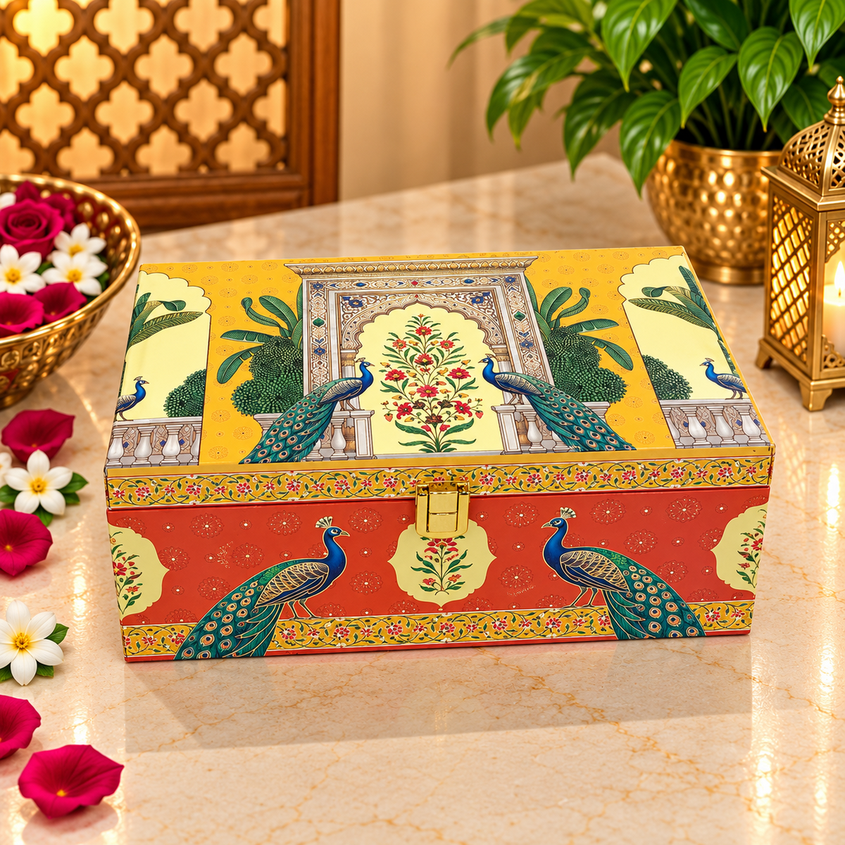Kenzio saffron yellow and coral orange peacock Scodix printed 2 jar dry fruit gift box closed view