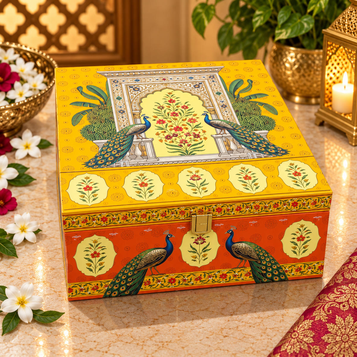 Kenzio saffron yellow vermilion orange peacock heritage Scodix printed 4 jar dry fruit gift box closed view