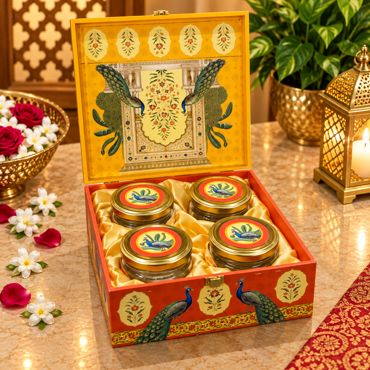 Kenzio saffron yellow vermilion orange peacock heritage Scodix printed 4 jar dry fruit gift box open view