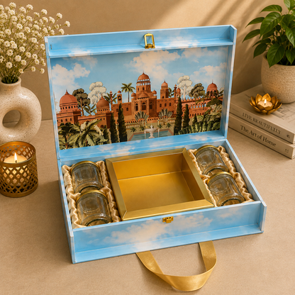 Kenzio sky blue and gold Scodix printed MDF gift box with four 200 ml jars and 9 cavity tray - open view