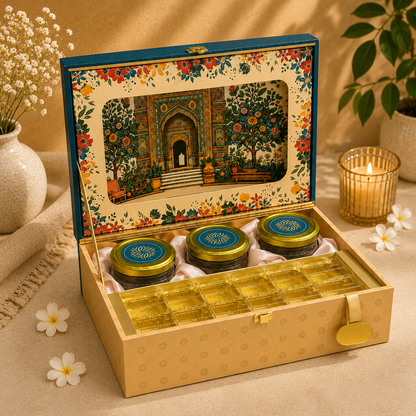 Kenzio teal blue and gold Scodix printed MDF gift box with three 300 ml jars and 8 cavity chocolate tray - open view