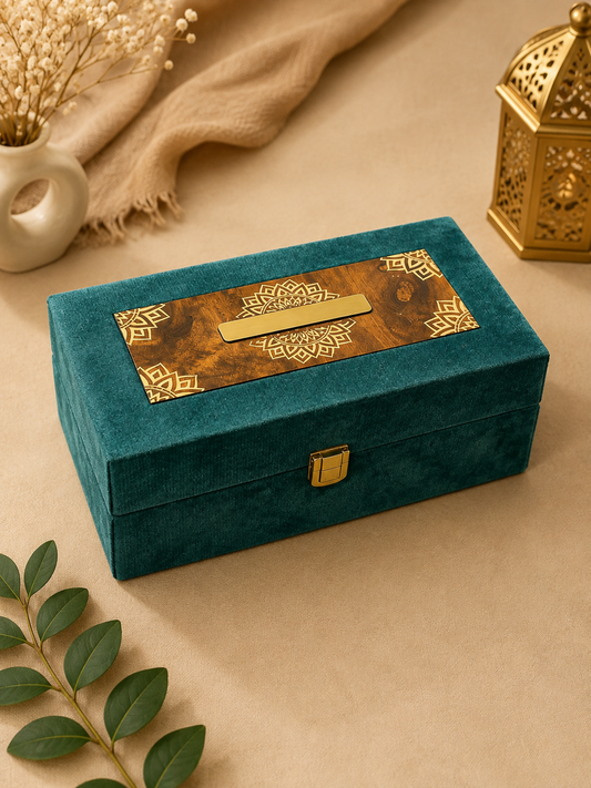 Kenzio teal green velvet MDF dry fruit gift box with printed top plate and gold latch - closed view