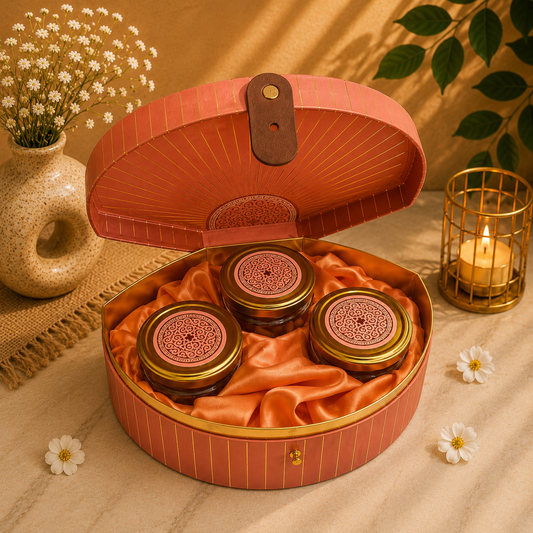 Kenzio terracotta peach and gold Scodix printed MDF gift box with three 300 ml jars - open view