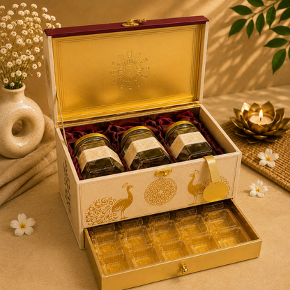 Kenzio white and red Scodix printed MDF gift box with three 200 ml jars and 24 cavity chocolate tray - open view