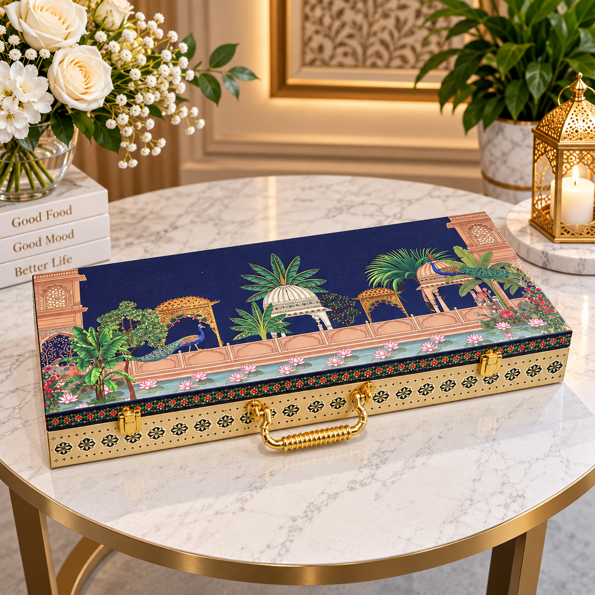 Closed midnight navy and champagne gold Mughal garden Scodix printed MDF dry fruit gift box