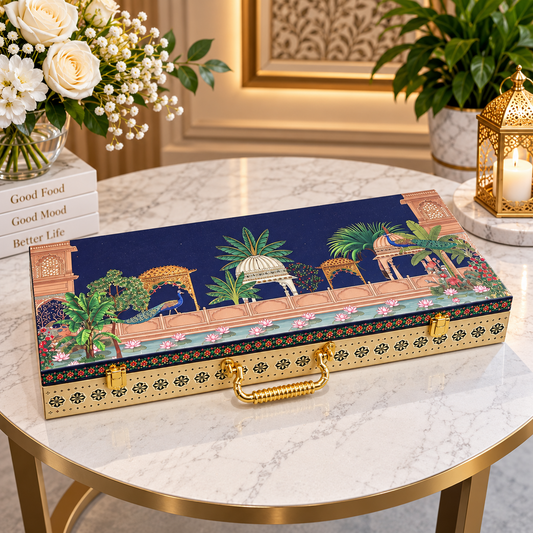 Closed midnight navy and champagne gold Mughal garden Scodix printed MDF dry fruit gift box