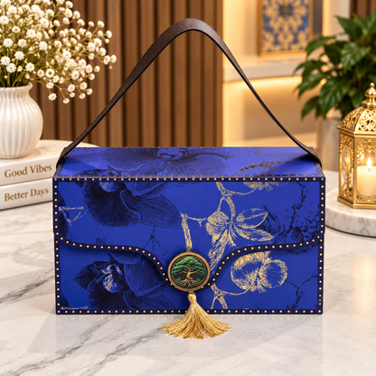 Royal cobalt blue and midnight navy floral Kappa Board dry fruit gift box with brown carry handle