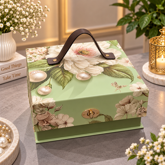 Sage green floral Kappa Board dry fruit gift box with brown carry handle