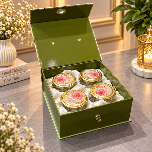 Open olive green Kappa Board dry fruit gift box with four 350 ml jars
