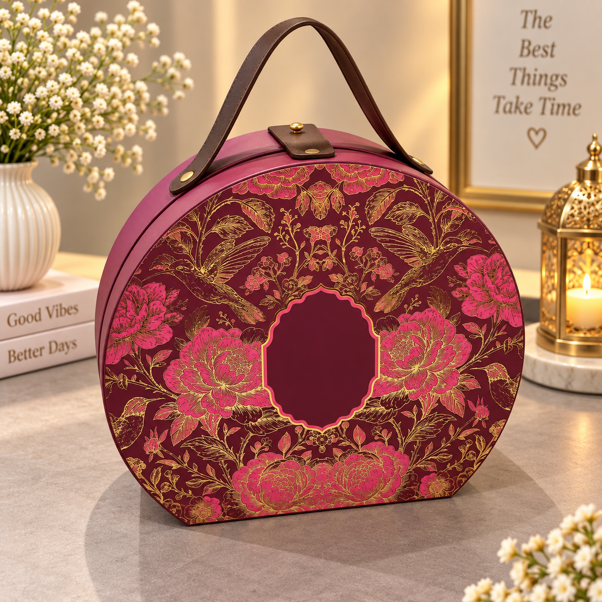 Wine maroon and fuchsia round Kappa Board dry fruit gift box with brown carry handle